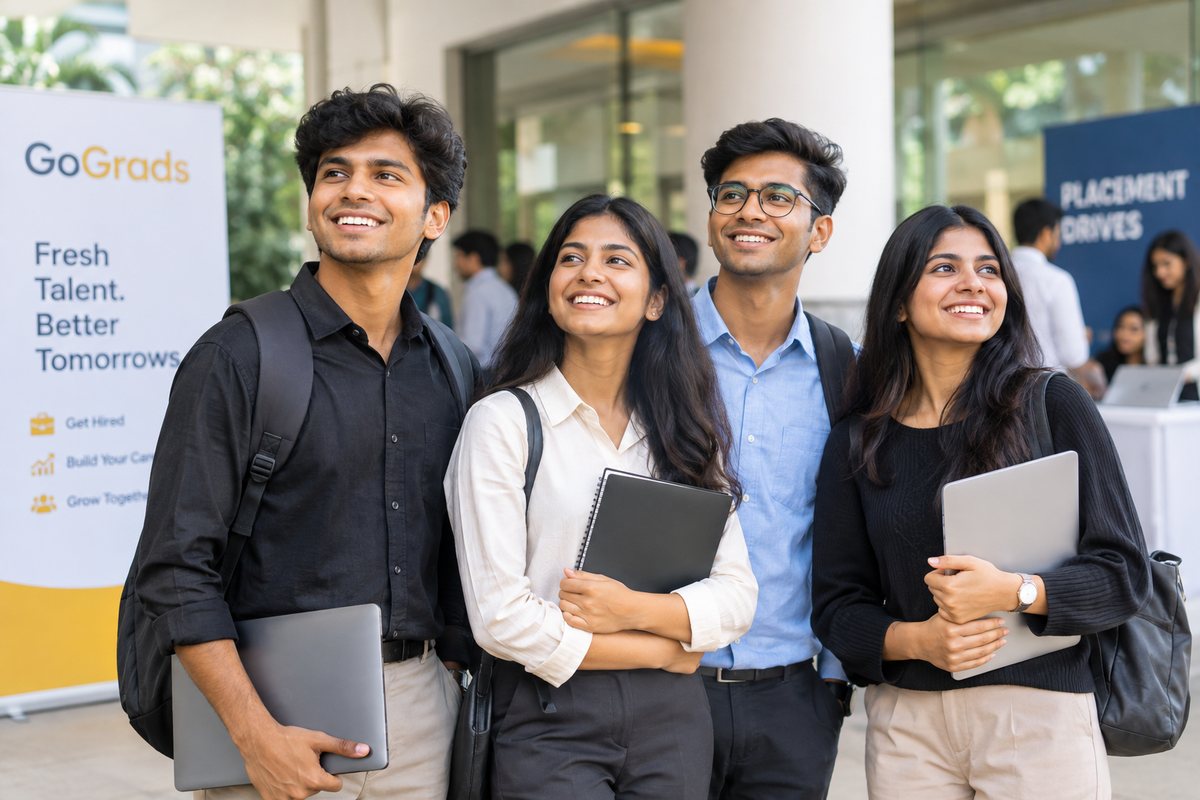 Freshers connecting with companies at a GoGrads campus placement drive